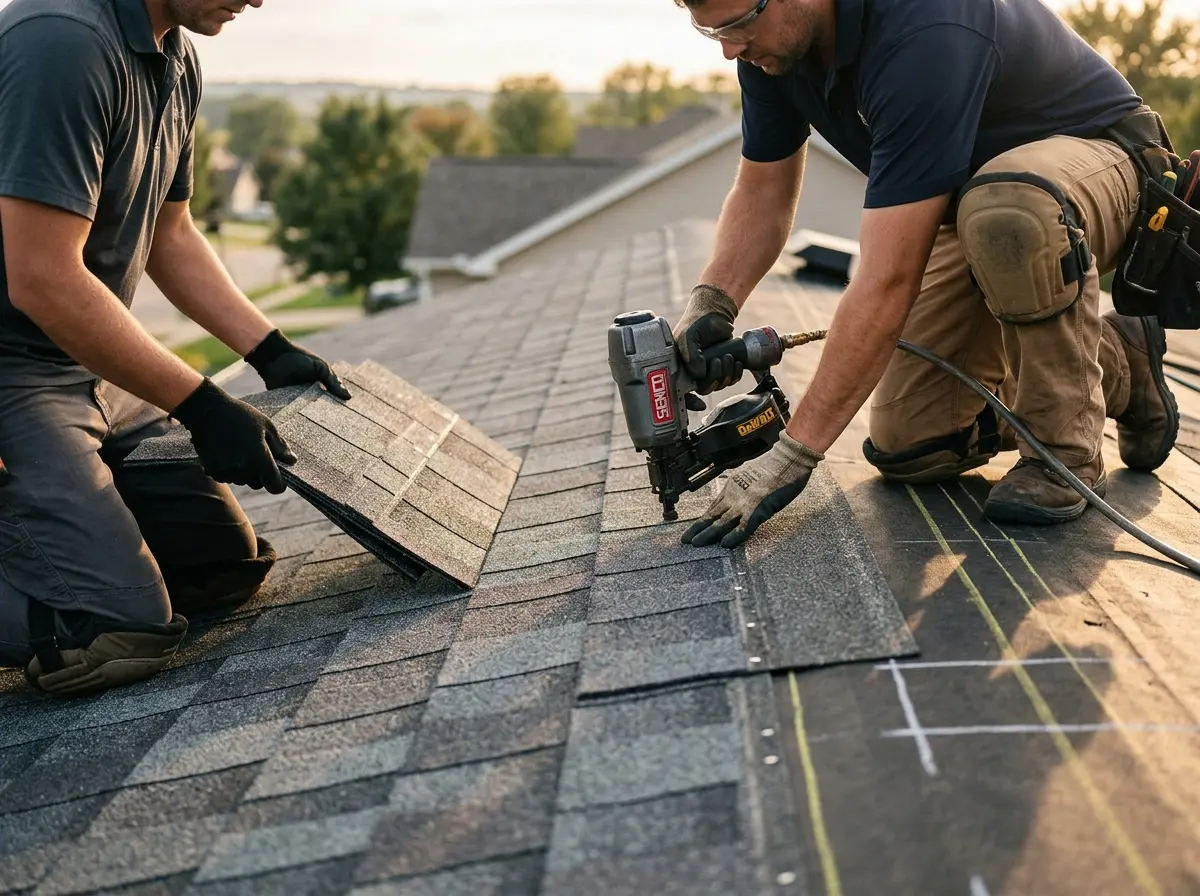 Professional roofer working on a residential roof in Southbury